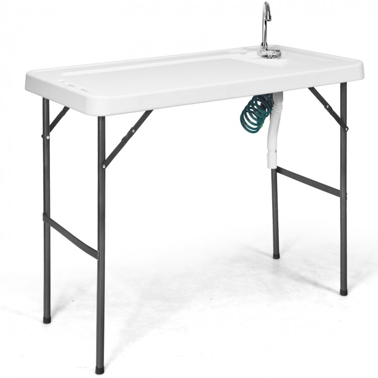 Folding cleaning sink table with faucet and sprayer, durable plastic surface, ideal for outdoor cleaning tasks.