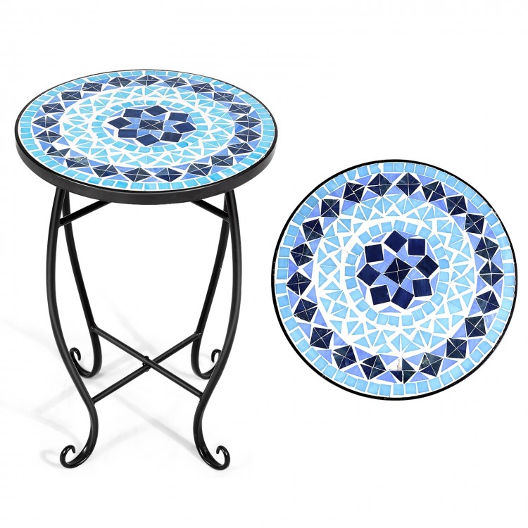 Round accent table with cobalt blue mosaic top and black steel frame, perfect for indoor or outdoor plant display.