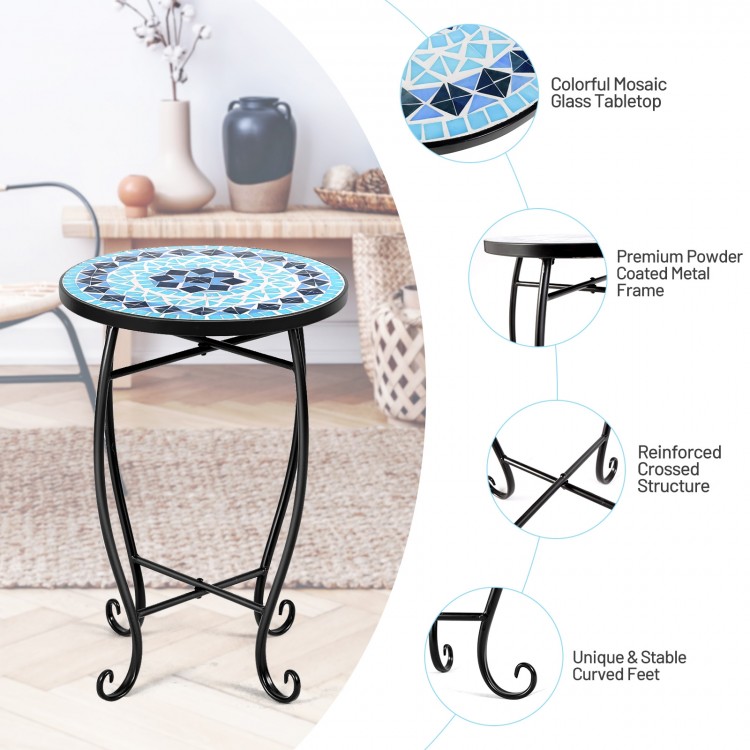 Round accent table with cobalt blue mosaic glass top and black steel frame, perfect for indoor or outdoor plant display.