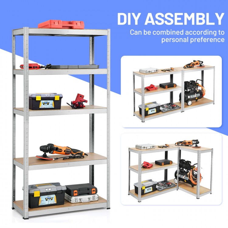 Five-tier adjustable storage shelf made of steel metal and MDF, ideal for organizing tools in garages or workshops.