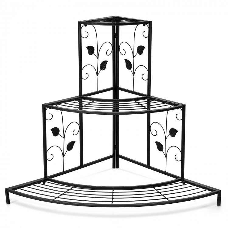 Three-tier floral corner metal plant pot rack in black, perfect for displaying potted plants in any corner space.