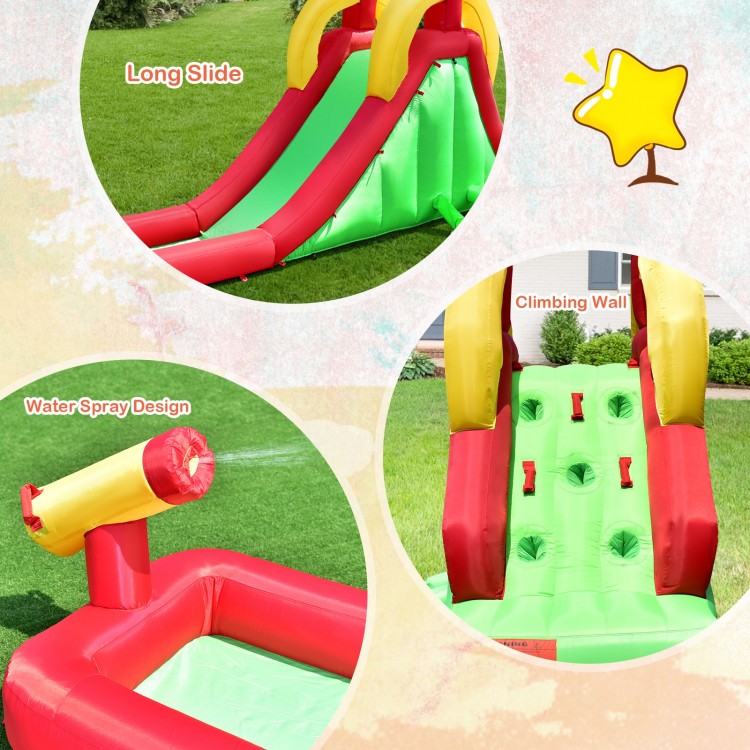 Long slide and climbing wall of an inflatable water slide bounce house for backyard fun and entertainment.
