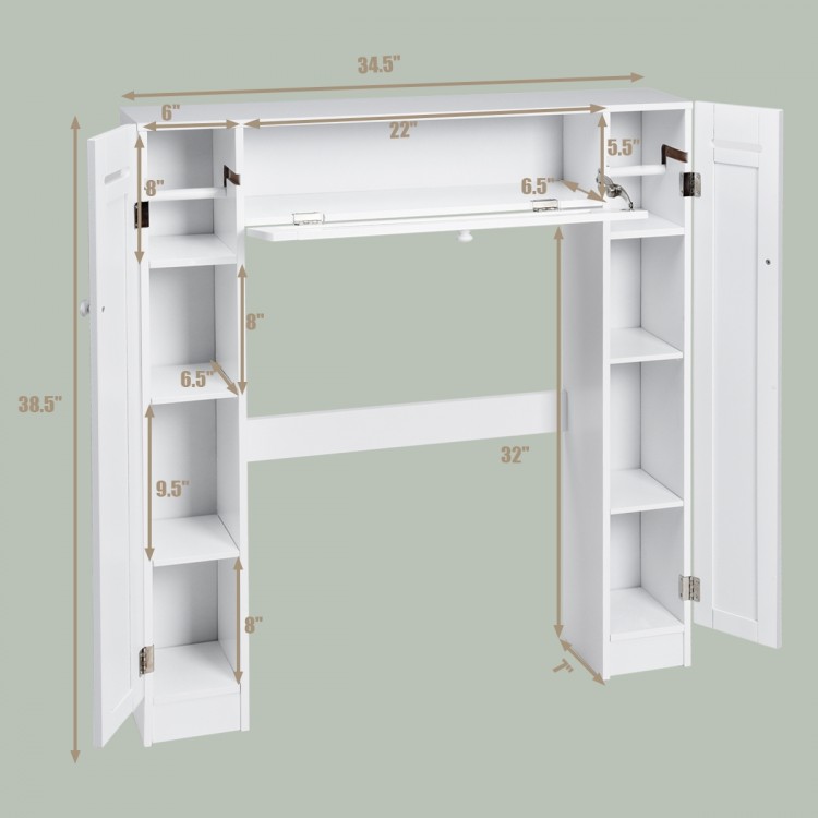 Wooden over the toilet storage cabinet in white with adjustable shelves, pull-down door, and elegant design for.