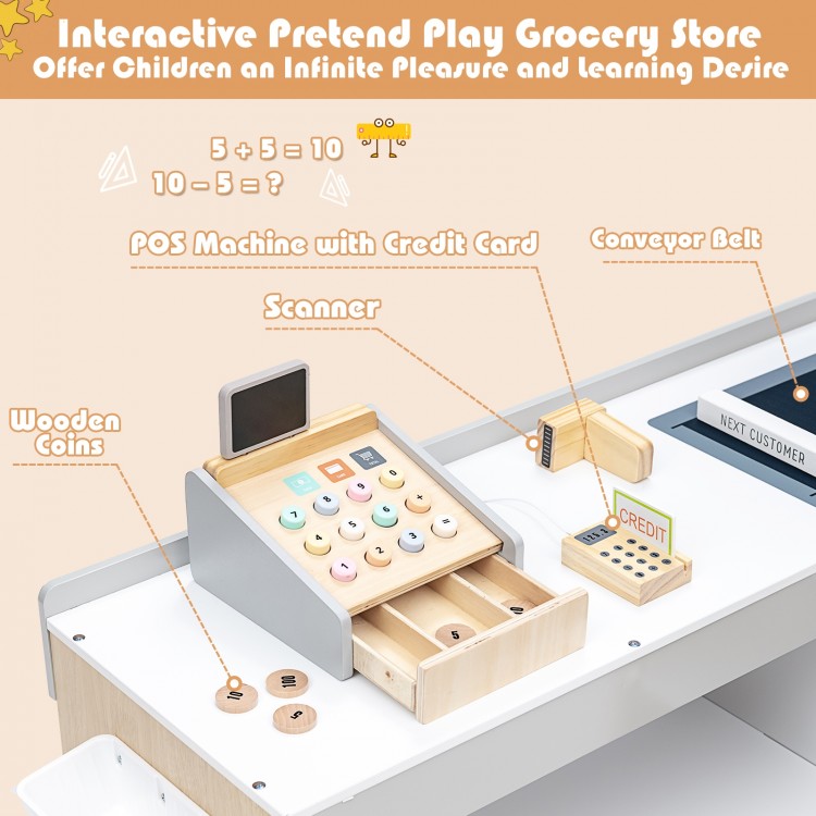 Kids wooden grocery store playset featuring a checkout counter, scanner, and shopping cart for imaginative supermarket.
