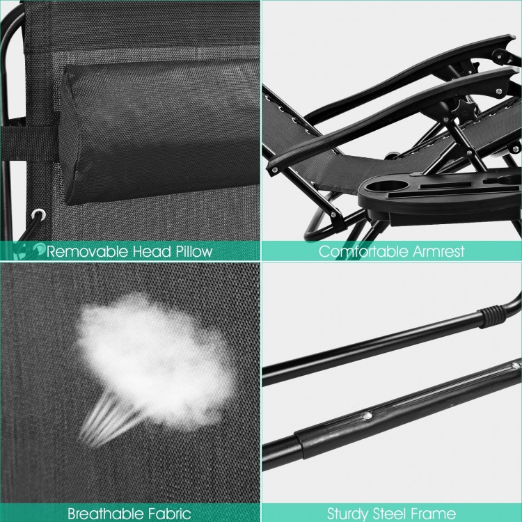 Close-up of the breathable fabric and sturdy steel frame of the black folding lounge chair for outdoor relaxation.