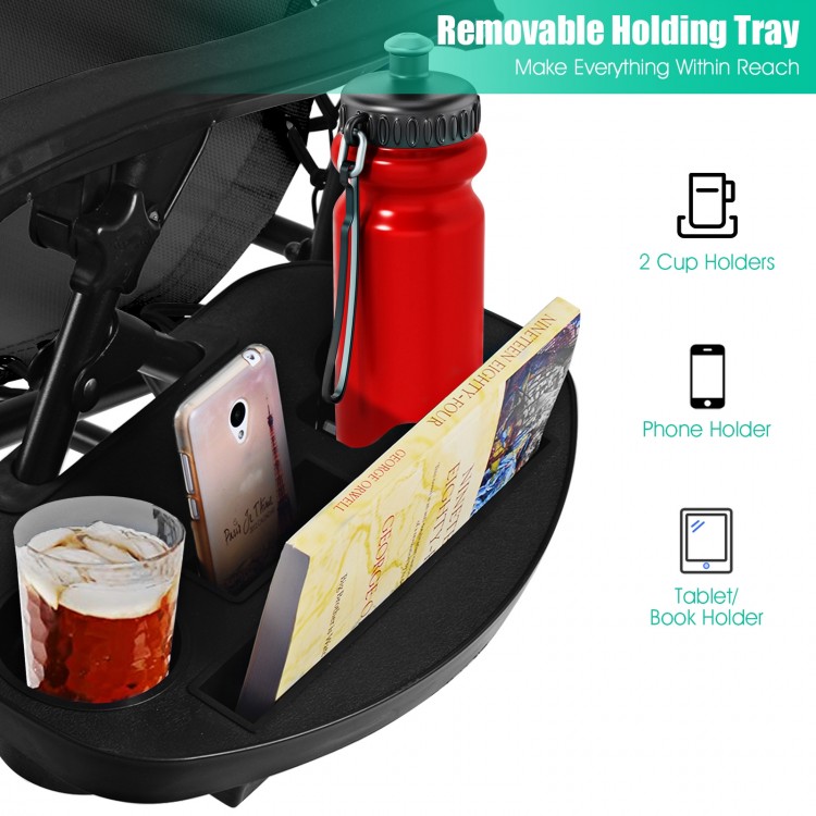 Removable holding tray with cup and phone holders for the black folding lounge chair, perfect for outdoor relaxation.