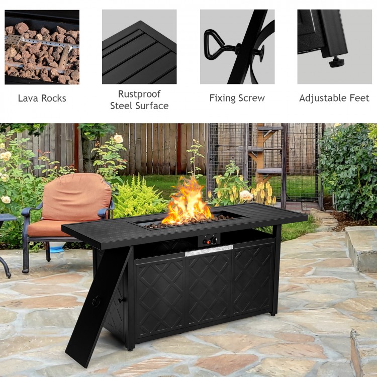 Rectangular 57-inch propane outdoor fire pit table in black, featuring a 50,000 BTU burner for cozy gatherings.