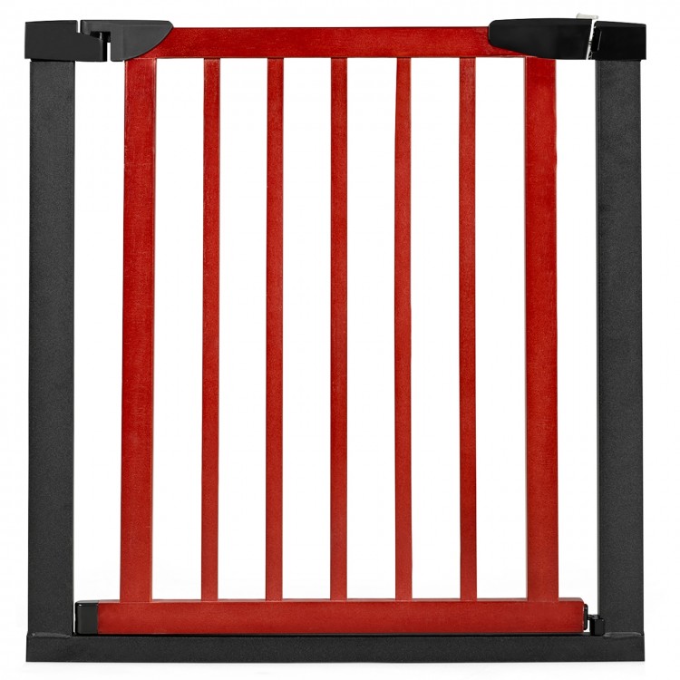 Extendable red safety gate for baby and pet, 29-inch tall, with double-lock latch and auto-close feature, fits.