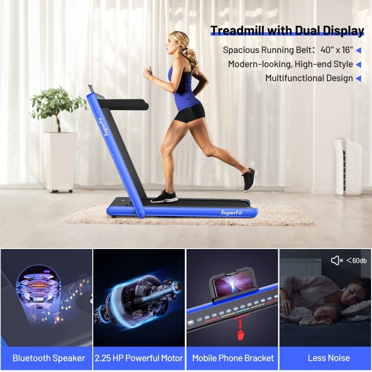 Folding treadmill with dual display, 2.25HP motor, and Bluetooth speaker for quiet, efficient workouts at home.