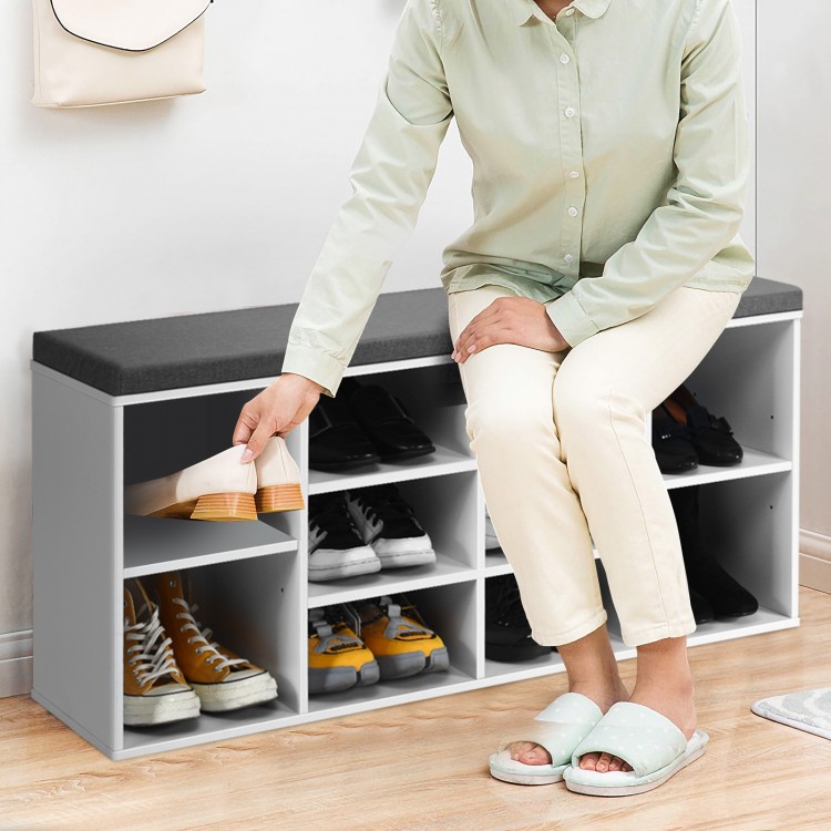 Padded shoe storage bench with 10-cube organizer in white, featuring removable cushion and ample storage for entryway.