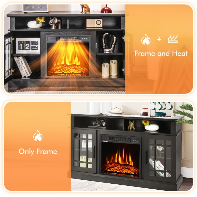 Electric fireplace TV stand in black, showcasing realistic flames and spacious storage for TVs up to 55 inches.