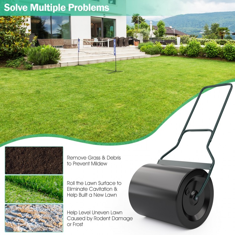 Lawn roller with U-shaped handle, 16-gal capacity, designed for flattening uneven ground in gardens and backyards.