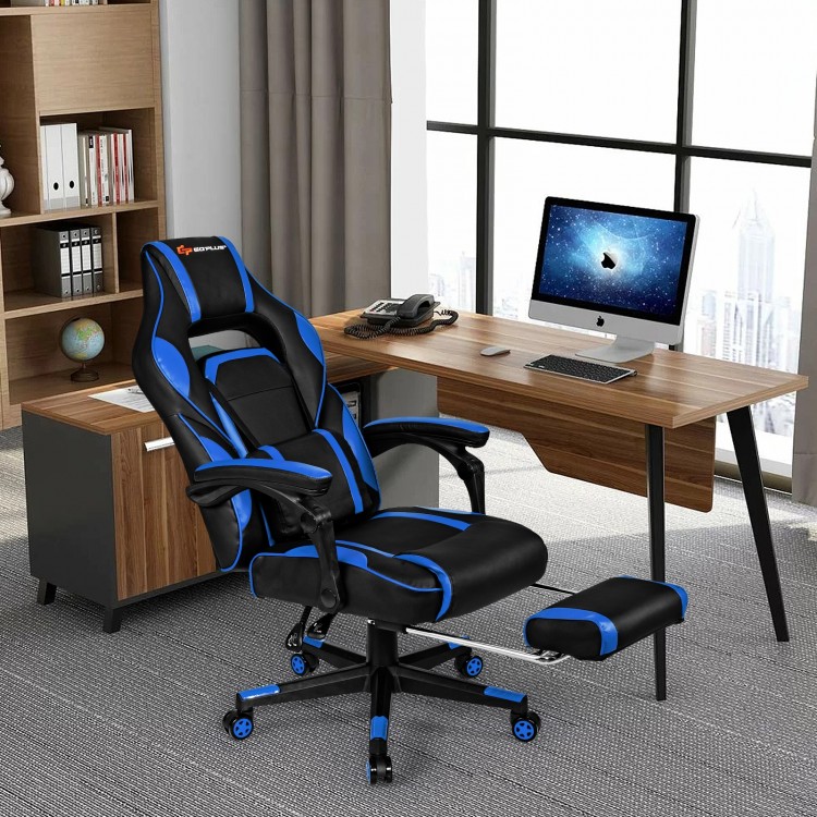 Massage gaming chair with footrest and lumbar support, featuring ergonomic design and adjustable height for comfort.