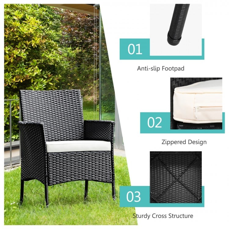 Black wicker patio chair with cozy seat cushion, sturdy steel frame, and anti-slip footpad for outdoor comfort.