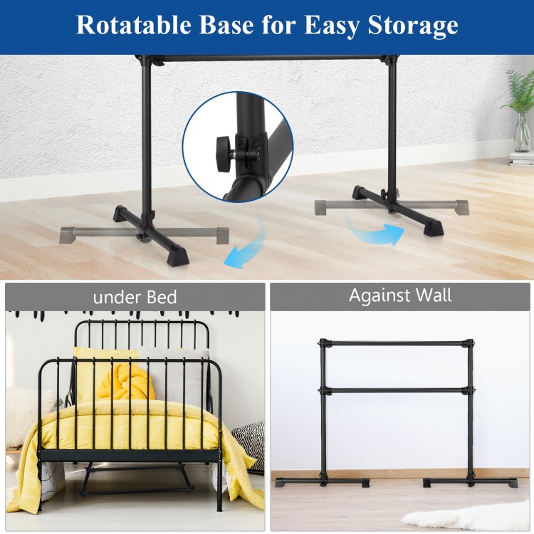 Portable black freestanding ballet barre with adjustable height for dancing and stretching, shown in storage positions.