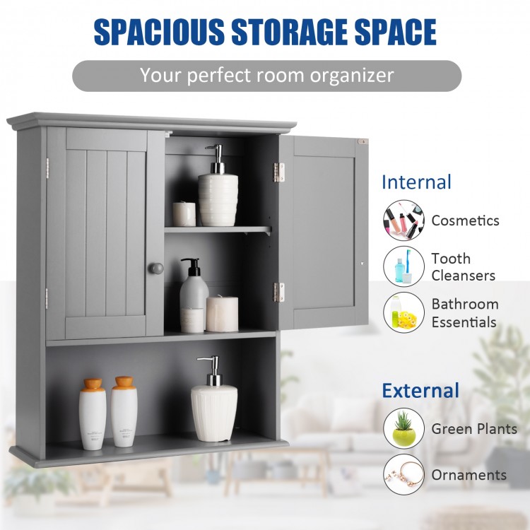 Dark gray wall-mounted bathroom storage cabinet with open shelf and two concealed compartments for organized essentials.