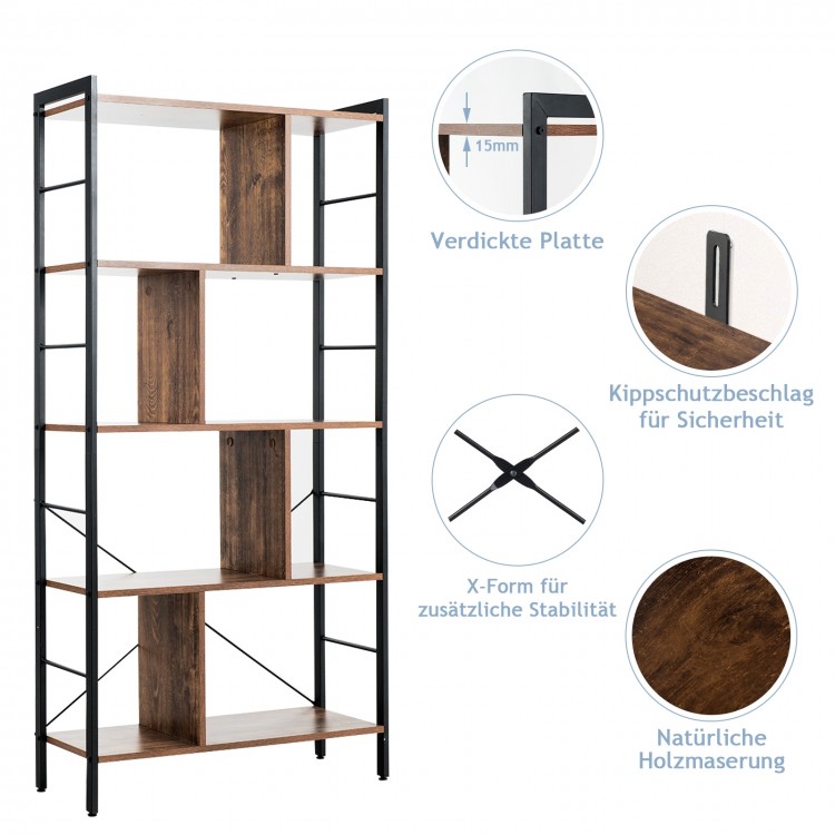 4-tier industrial bookshelf with thick chipboard and steel frame, featuring X-shaped bracket for stability, ideal for.