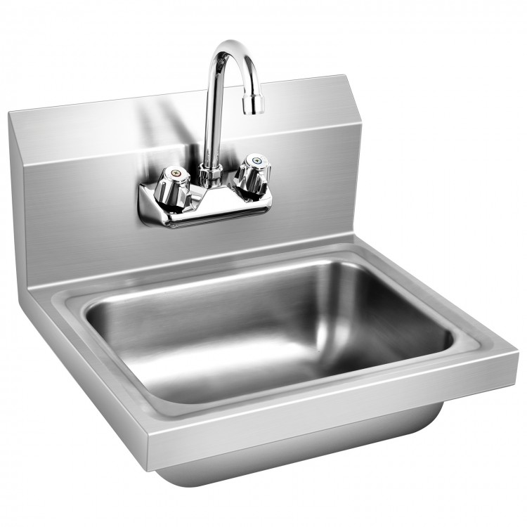 Stainless steel wall mount hand washing sink with faucet, large bowl, and pre-drilled back splash for easy installation.