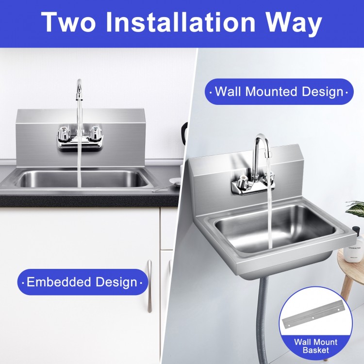 Stainless steel wall mount hand washing sink with faucet and back splash, featuring rounded corners and large bowl for.