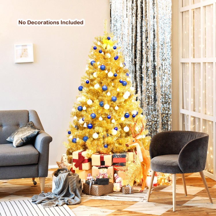 Champagne gold 6 ft artificial tinsel Christmas tree with fluffy branches, ideal for creating a festive atmosphere.