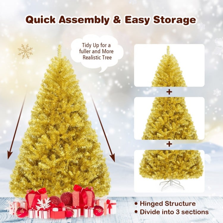 Champagne gold 6 ft artificial tinsel Christmas tree with hinged design for quick assembly, ideal for indoor and.