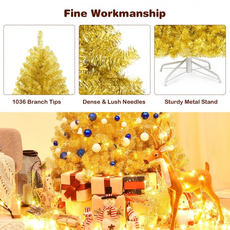 Champagne gold 6 ft artificial tinsel Christmas tree with hinged branches and sturdy metal stand for festive.