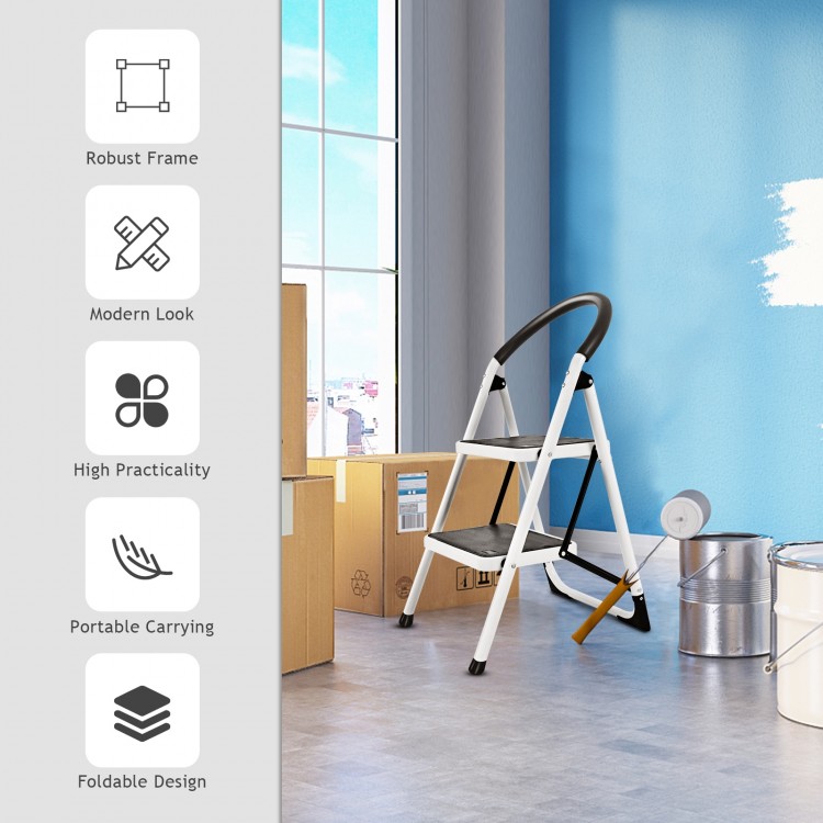 Folding step stool with iron frame and anti-slip pedals, ideal for kitchen and garage tasks, supports 330lbs capacity.