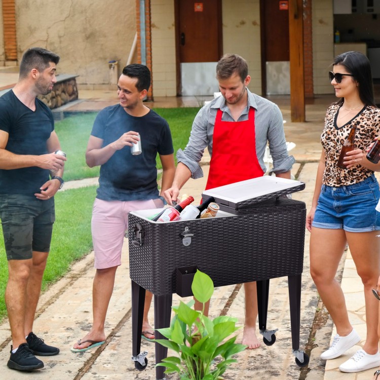 Portable rattan rolling cooler cart with 80QT capacity, featuring dual lids and wheels for easy movement at outdoor.