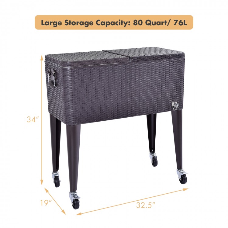 Outdoor 80QT rattan rolling cooler cart with dual lids, wheels for easy mobility, and refrigeration insulation for.