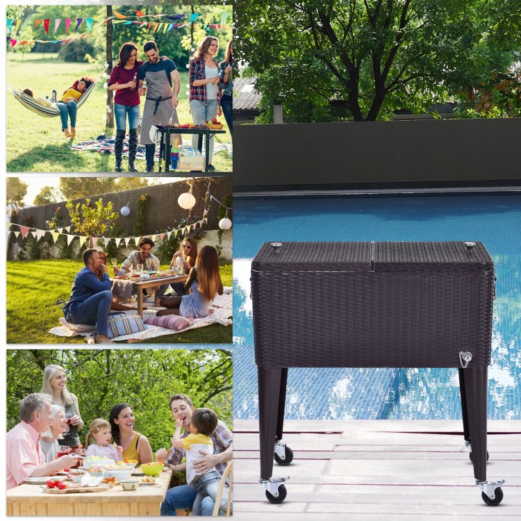 Rattan rolling cooler cart with 80QT capacity, featuring dual lids and wheels for easy mobility at outdoor parties.
