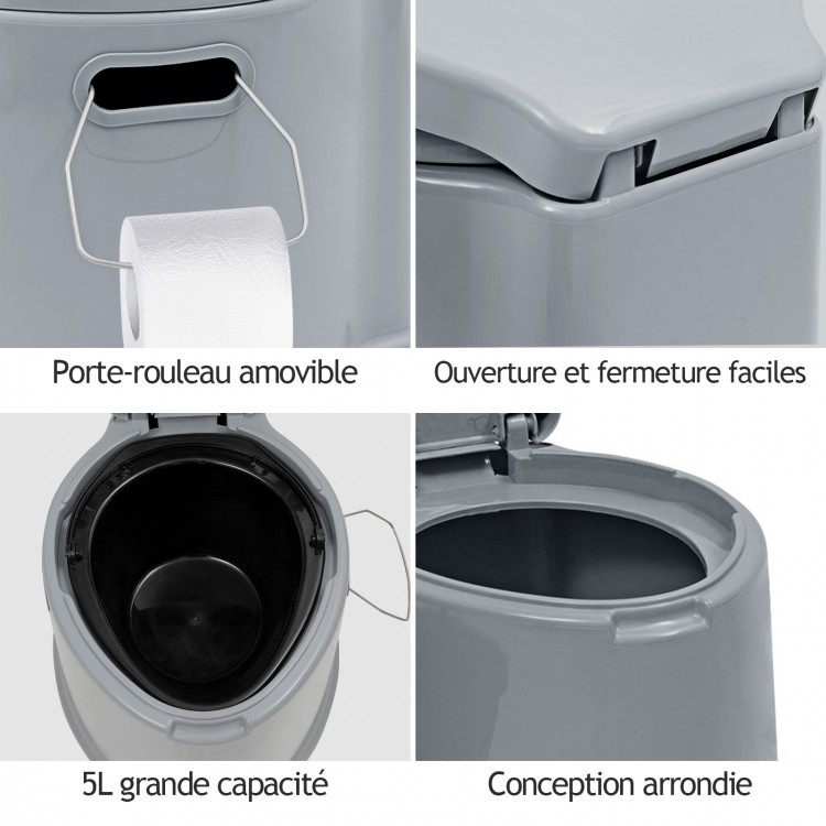 Portable 5L travel toilet with removable paper holder, easy-open lid, and ergonomic design for outdoor use.