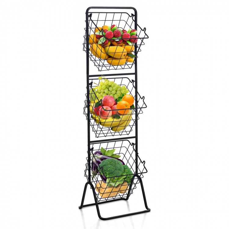 3-tier fruit basket stand with adjustable heights, featuring removable wire baskets for easy access and ventilation.
