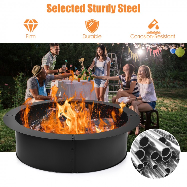 36-inch round steel fire pit ring with a powder-coat surface, ideal for DIY outdoor use and creating a warm atmosphere.