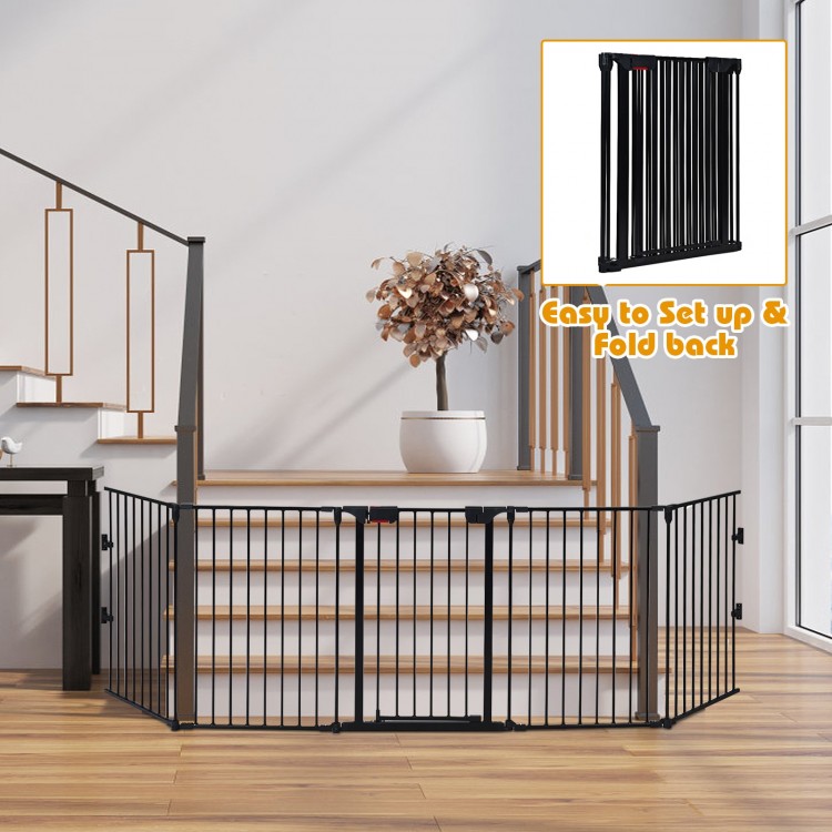 Close-up view of the locking system on the 5-panel black metal fireplace fence, ensuring safety for pets and children.