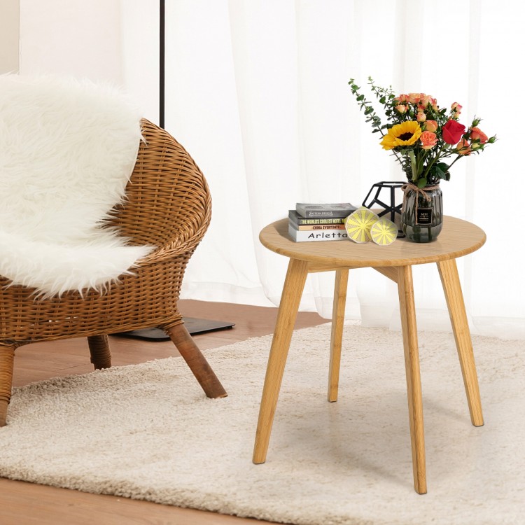 Bamboo round end table with 20-inch tabletop, featuring a rustic design and sturdy X-shaped frame for versatile use.