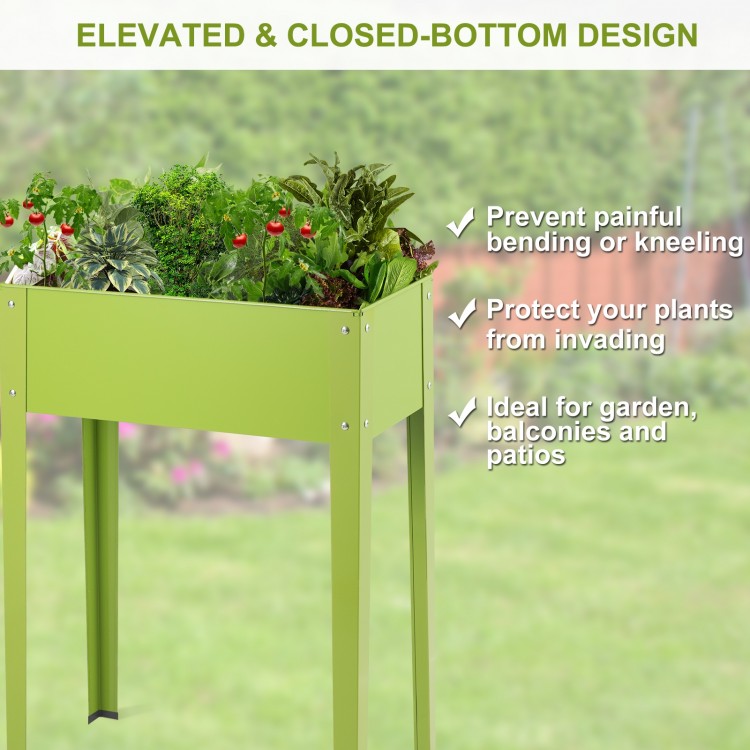 Elevated green garden planter made of galvanized steel, 31.5" high, ideal for patios and balconies without bending.
