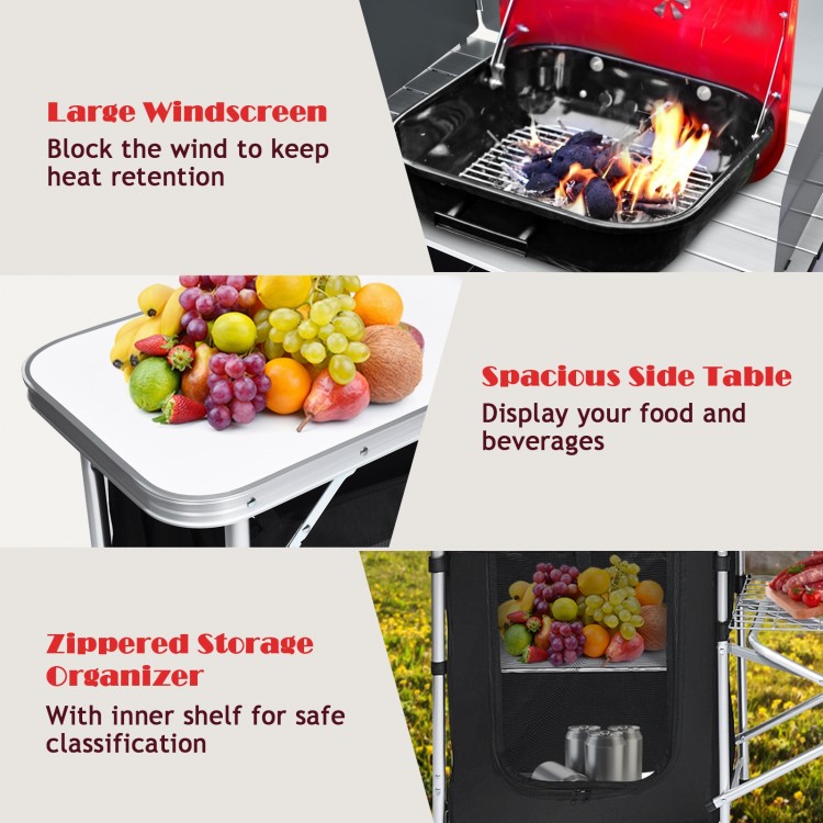 Folding camping table with large countertop, side tables, and storage organizer for outdoor cooking and picnics.