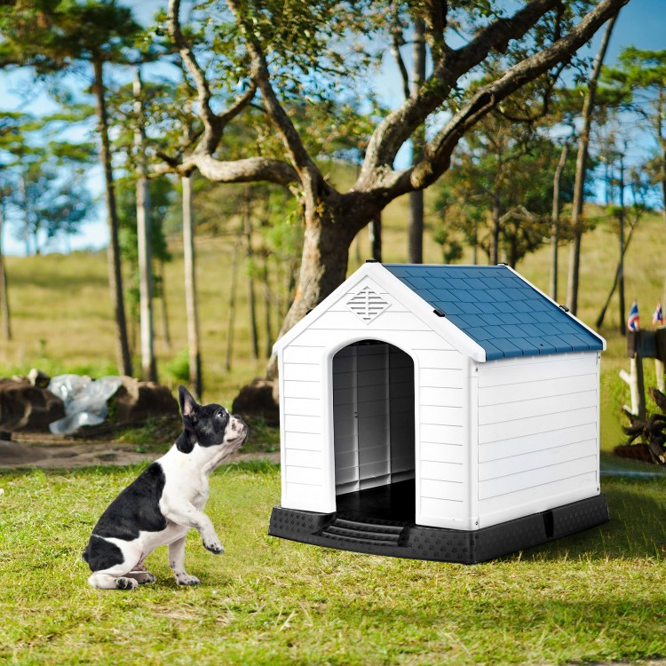 Durable plastic waterproof dog house with a ventilated design, perfect for outdoor shelter and easy to clean.
