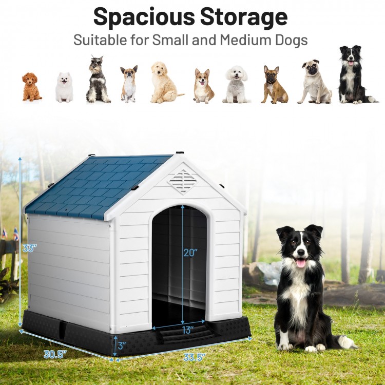 Plastic waterproof dog house with a blue roof, spacious for small to medium dogs, ideal for outdoor use and easy to.