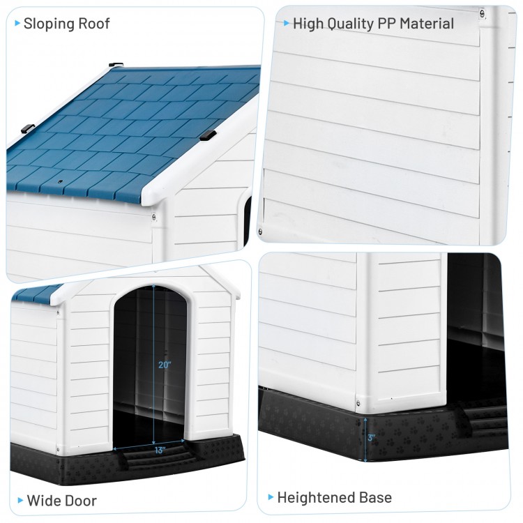 Plastic waterproof pet house with sloping roof, wide door, and heightened base for outdoor comfort and protection.