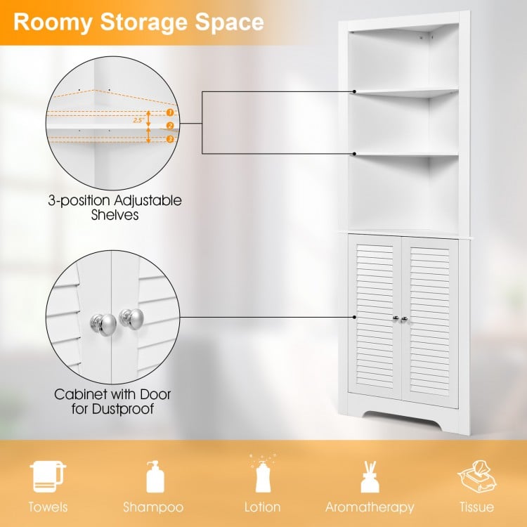 Free standing tall bathroom corner storage cabinet in white with three adjustable shelves and dustproof cabinet doors.