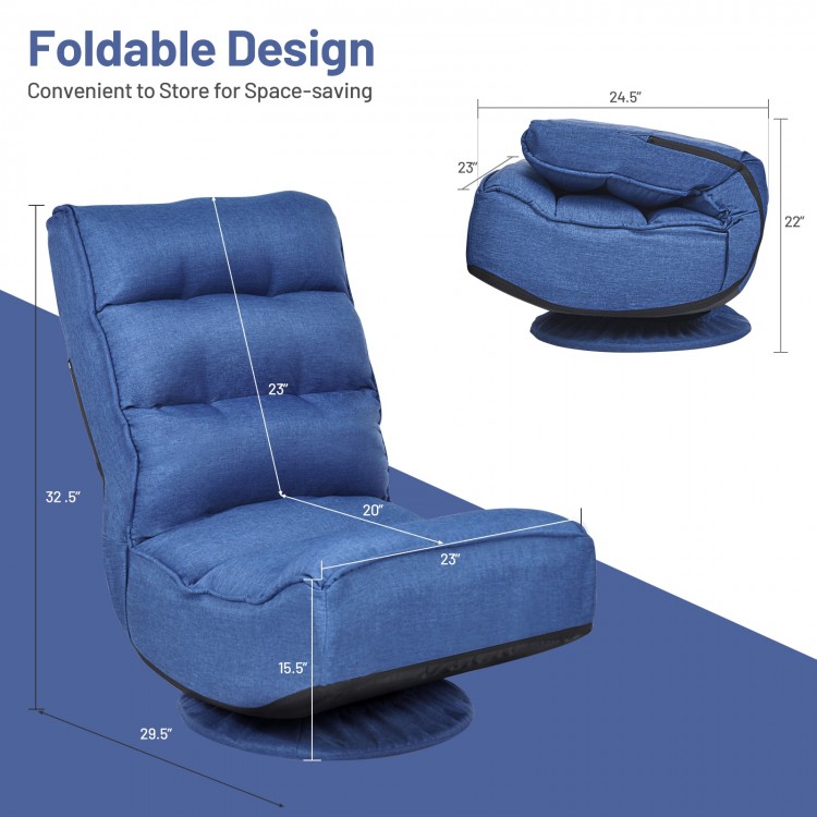 Navy 5-position folding floor gaming chair with a 360-degree swivel base and high-density sponge padding for comfort.