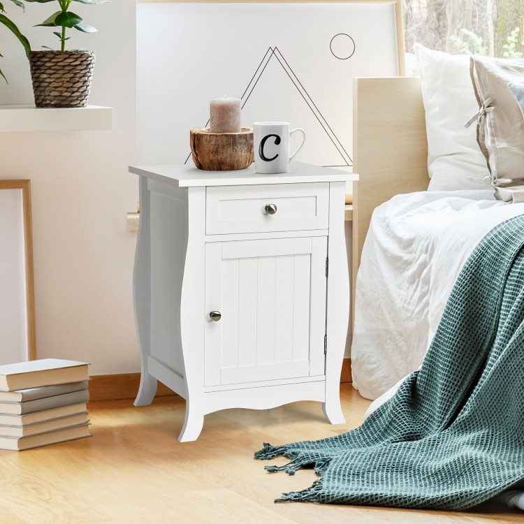 White wooden accent end table with drawer and cabinet, featuring a wave-shaped bottom, perfect for bedroom or living.