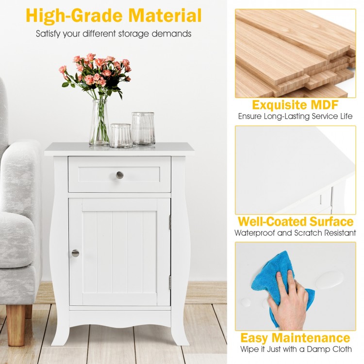 Wooden accent end table in white with drawer and cabinet, featuring a wave-shaped bottom for stylish storage solutions.