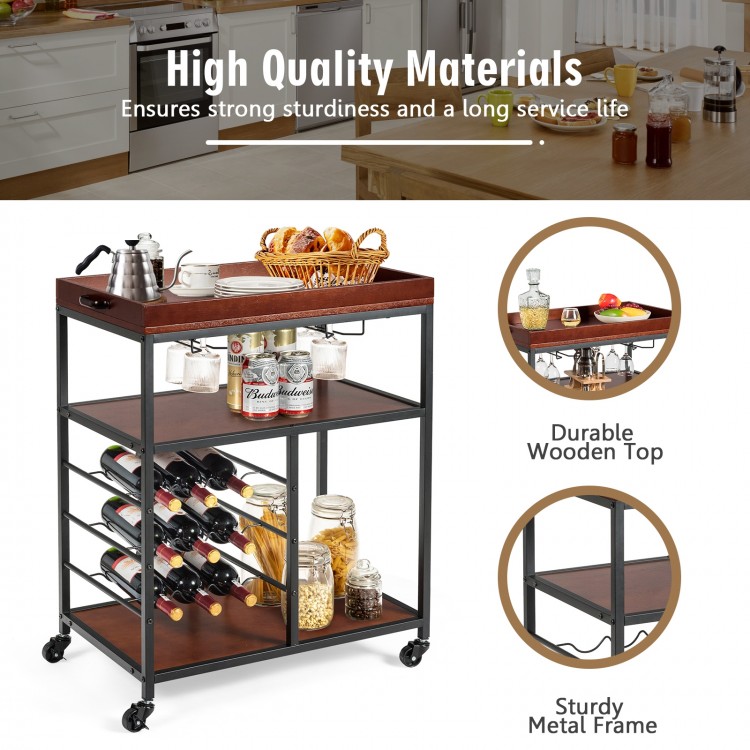 Three-tier storage bar serving cart with a wooden top, metal frame, wine rack, and rolling casters for easy mobility.