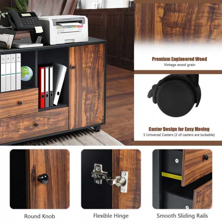 Mobile filing cabinet with brown wood grain, featuring 2 drawers, open shelves, and 5 caster wheels for easy mobility.