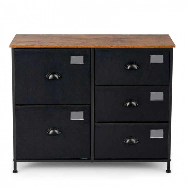 5-drawer storage dresser in black featuring collapsible fabric drawers and adjustable feet for stable use in any room.