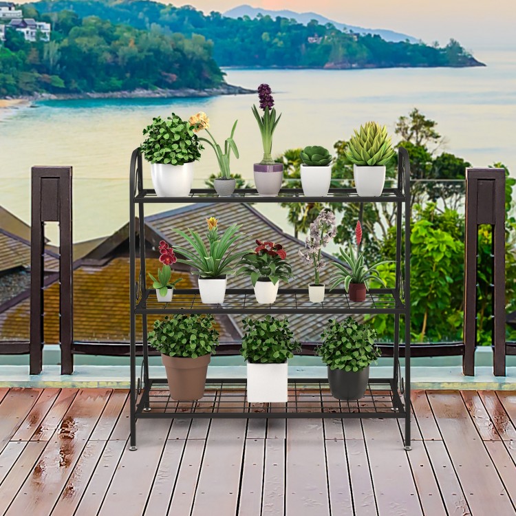 3-tier metal plant stand shelf with sturdy steel frame, ideal for displaying plants and decorations on a balcony.