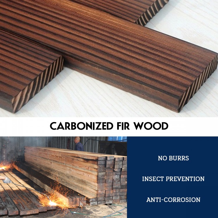 Close-up of carbonized fir wood planks, showcasing smooth texture and insect prevention for outdoor fountain durability.