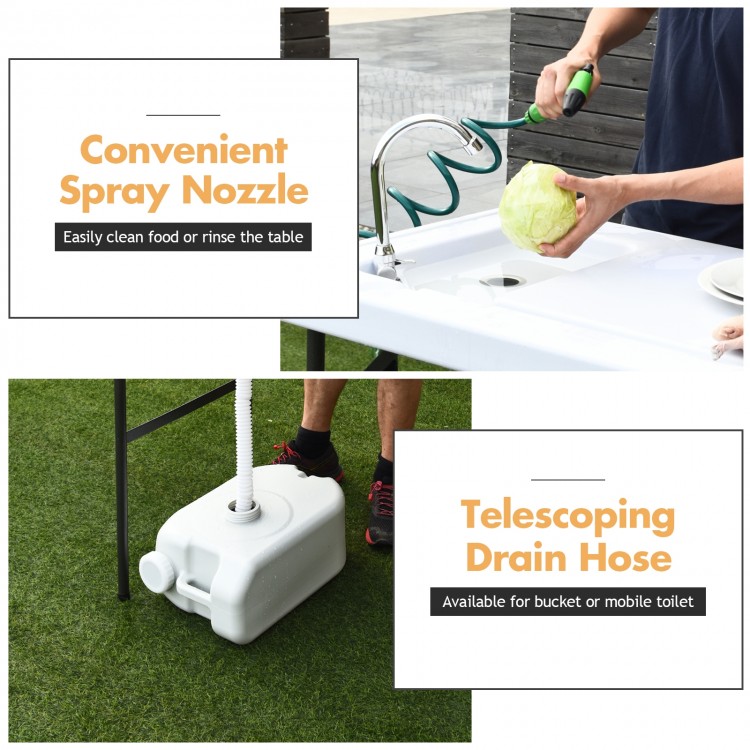 Telescoping drain hose for easy disposal, compatible with buckets or mobile toilets, enhancing outdoor cleaning.